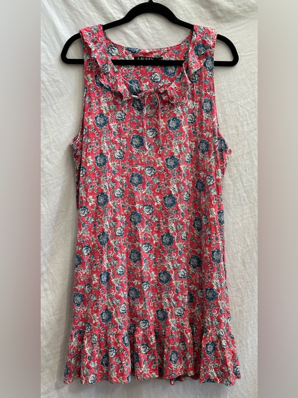 Ralph Lauren Pink Floral Sleeveless Dress Camisole Nightgown with Navy Accents
